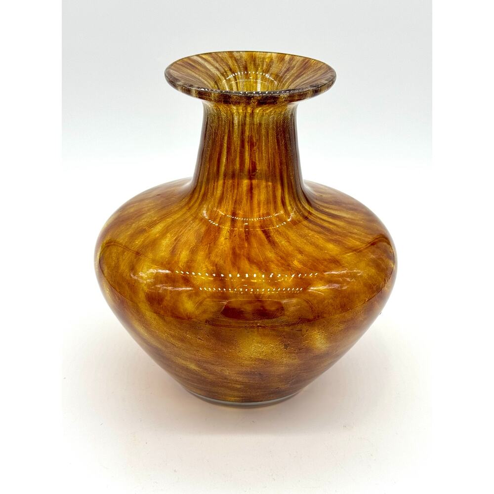 Vase Vintage 1960s Sasaki Amber Crystal Tortoise Gold Speckled - 9"H x 8"W